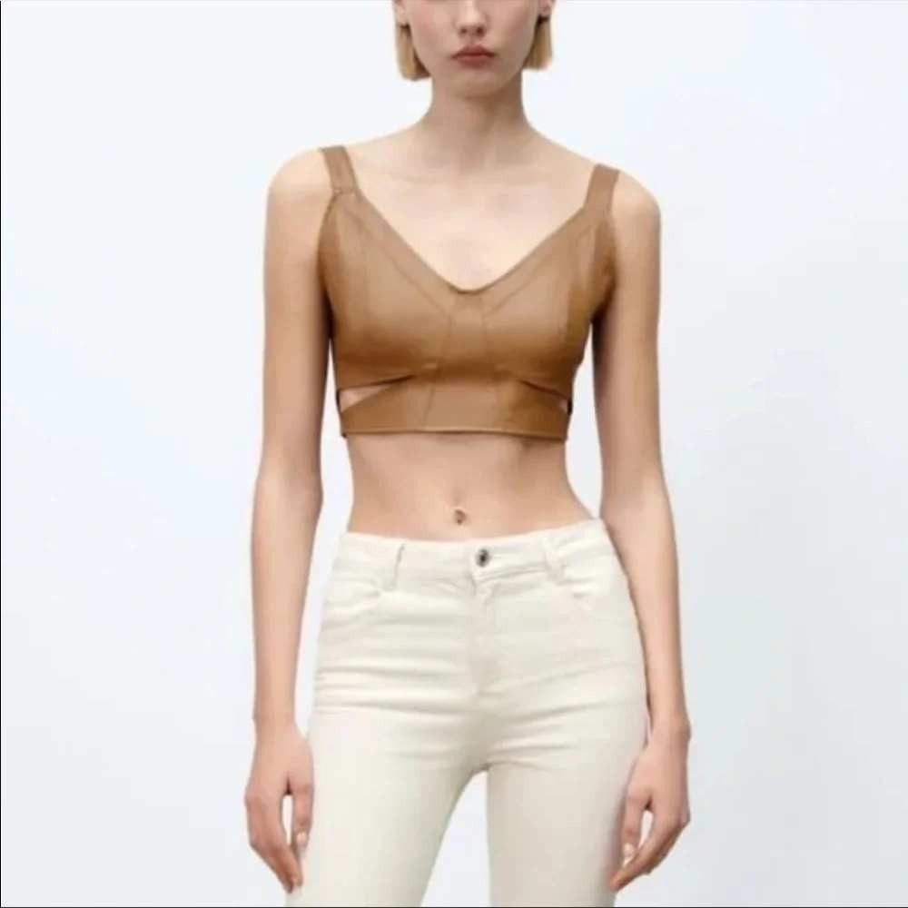 Zara Faux Leather Crop Top Womens Medium Brown Cutout V-Neck Smocked Back NWT